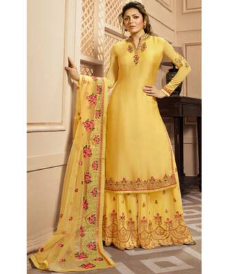Partywear Designer Embroidery Yellow Georgette Satin Salwar Suit 1