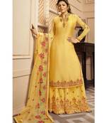 Partywear Designer Embroidery Yellow Georgette Satin Salwar Suit