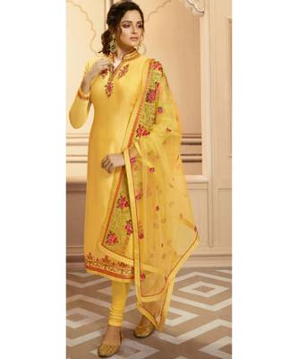Partywear Designer Embroidery Yellow Georgette Satin Salwar Suit 2