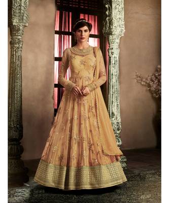 Mustard Embroidered Net Semi Stitched Salwar With Dupatta 1