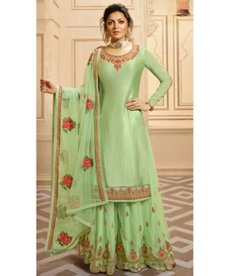 Partywear Designer Embroidery Pista Georgette Satin Salwar Suit 1