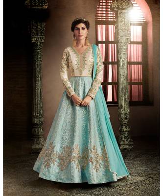 Blue Embroidered Brocade Semi Stitched Salwar With Dupatta 1