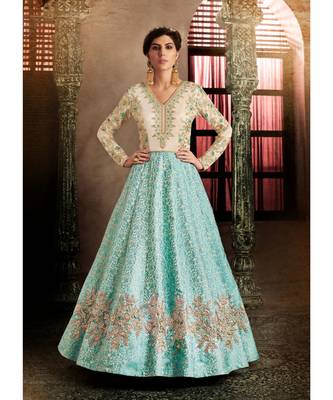 Blue Embroidered Brocade Semi Stitched Salwar With Dupatta 2
