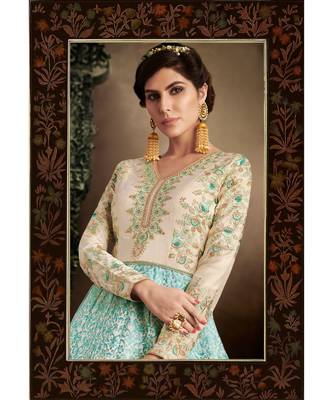 Blue Embroidered Brocade Semi Stitched Salwar With Dupatta 4