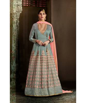 Grey Embroidered Art Silk Semi Stitched Salwar With Dupatta 1