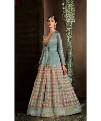 Grey Embroidered Art Silk Semi Stitched Salwar With Dupatta 2