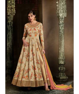 Cream Embroidered Art Silk Semi Stitched Salwar With Dupatta 1
