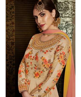 Cream Embroidered Art Silk Semi Stitched Salwar With Dupatta 3