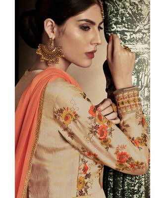 Cream Embroidered Art Silk Semi Stitched Salwar With Dupatta 4