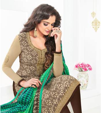 Beige Embroidered Crepe Semi Stitched Salwar With Dupatta 2