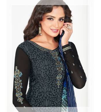 Grey Embroidered Crepe Semi Stitched Salwar With Dupatta 2