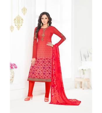 Red Embroidered Crepe Semi Stitched Salwar With Dupatta 1