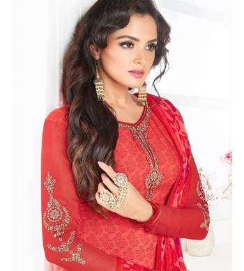 Red Embroidered Crepe Semi Stitched Salwar With Dupatta 2