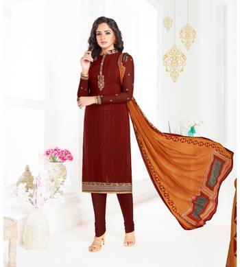 Brown Embroidered Crepe Semi Stitched Salwar With Dupatta 1