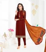 Brown Embroidered Crepe Semi Stitched Salwar With Dupatta
