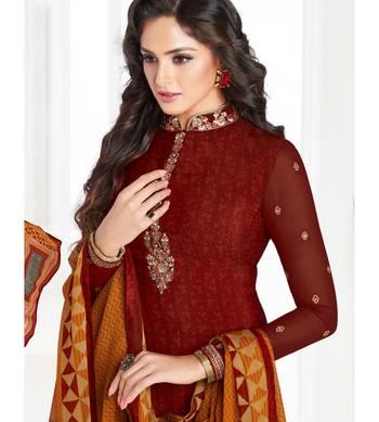 Brown Embroidered Crepe Semi Stitched Salwar With Dupatta 2