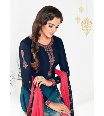Blue Embroidered Crepe Semi Stitched Salwar With Dupatta 2