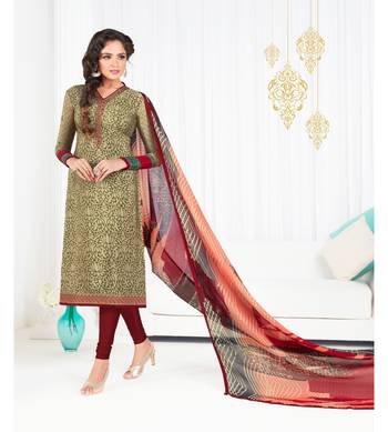 Cream Embroidered Crepe Semi Stitched Salwar With Dupatta 1