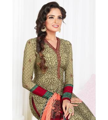 Cream Embroidered Crepe Semi Stitched Salwar With Dupatta 2