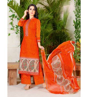 Orange Embroidered Crepe Semi Stitched Salwar With Dupatta 1