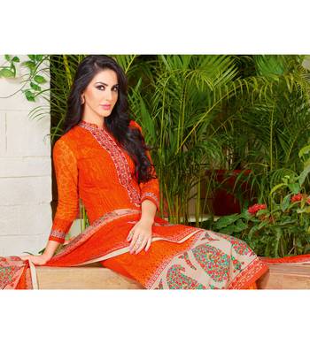 Orange Embroidered Crepe Semi Stitched Salwar With Dupatta 2