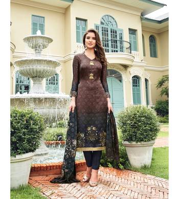 Brown Embroidered Satin Semi Stitched Salwar With Dupatta 1