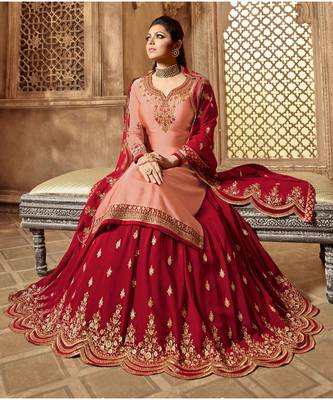 Partywear Designer Embroidery Light Salmon Satin Georgette Salwar Suit 2
