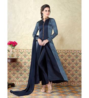 Blue Embroidered Satin Semi Stitched Salwar With Dupatta 1