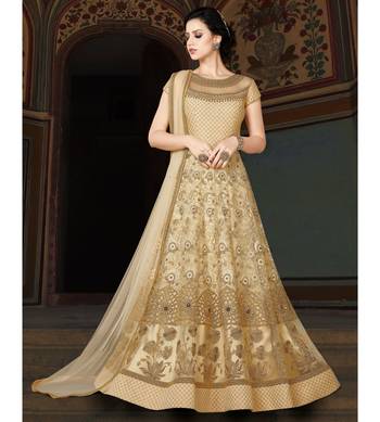 Beige Embroidered Net Semi Stitched Salwar With Dupatta 1