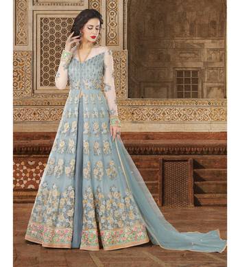 Grey Embroidered Net Semi Stitched Salwar With Dupatta 1