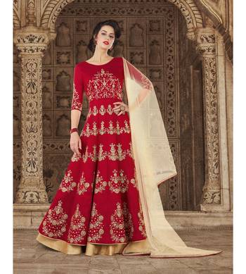 Red Embroidered Art Silk Semi Stitched Salwar With Dupatta 1
