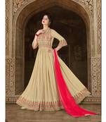 Cream Embroidered Satin Semi Stitched Salwar With Dupatta