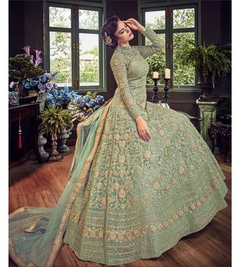 Green Embroidered Net Semi Stitched Salwar With Dupatta 2