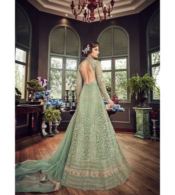 Green Embroidered Net Semi Stitched Salwar With Dupatta 3