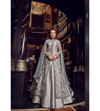 Grey Embroidered Net Semi Stitched Salwar With Dupatta 1