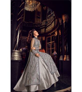 Grey Embroidered Net Semi Stitched Salwar With Dupatta 3