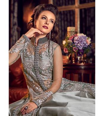 Grey Embroidered Net Semi Stitched Salwar With Dupatta 4
