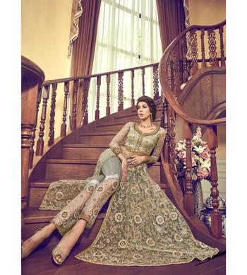 Cream Embroidered Net Semi Stitched Salwar With Dupatta 1