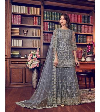 Grey Embroidered Net Semi Stitched Salwar With Dupatta 1
