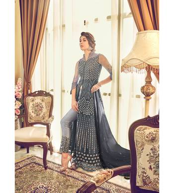 Grey Embroidered Net Semi Stitched Salwar With Dupatta 1