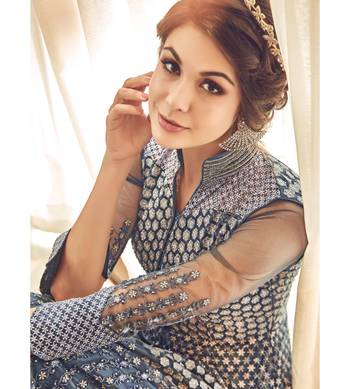 Grey Embroidered Net Semi Stitched Salwar With Dupatta 2