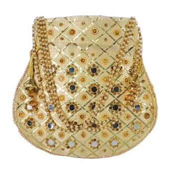 Women's Designer Partywear Bridal Potli Clutch Bag Golden (Single Bag) 2