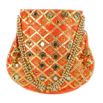 Women's Designer Partywear Bridal Potli Clutch Bag Orange (Single Bag) 2