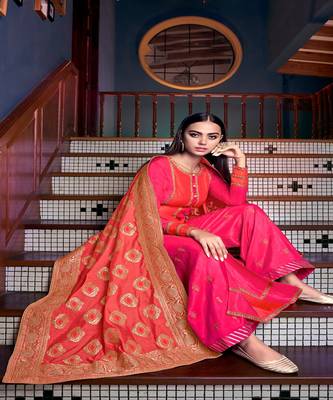 Pink Embroidered Art Silk Semi Stitched Salwar With Dupatta 1