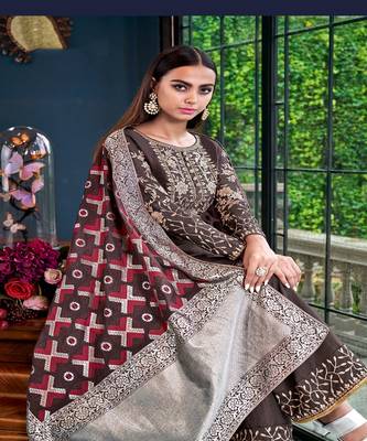 Brown Embroidered Satin Semi Stitched Salwar With Dupatta 1
