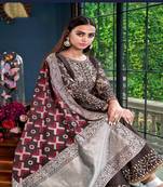 Brown Embroidered Satin Semi Stitched Salwar With Dupatta