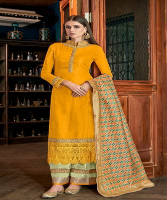 Mustard Embroidered Art Silk Semi Stitched Salwar With Dupatta 1