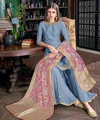 Blue Embroidered Art Silk Semi Stitched Salwar With Dupatta 1