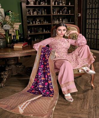 Pink Embroidered Art Silk Semi Stitched Salwar With Dupatta 1