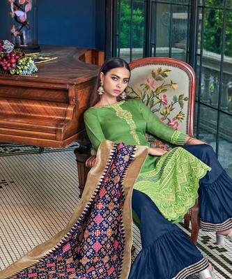 Green Embroidered Art Silk Semi Stitched Salwar With Dupatta 1
